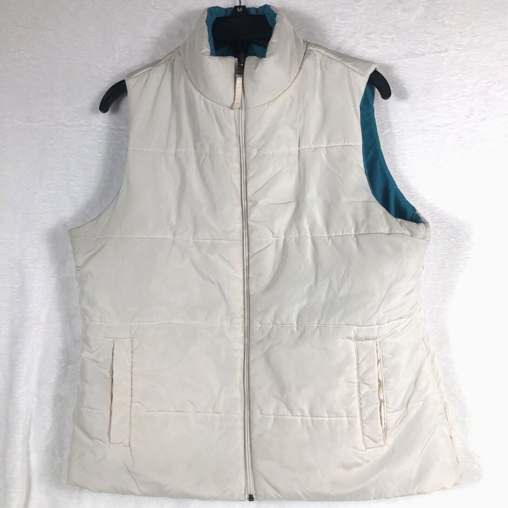 Merona Womens Size Large Reversible Puffer Vest Cream Teal Full Zip Pockets Cute - Picture 9 of 12